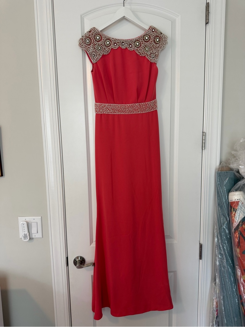 Pamella Roland coral Beaded-Neck Evening Gown